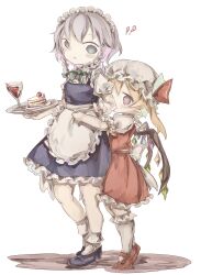 Rule 34 | !, !!, 2girls, absurdres, apron, apron tug, back bow, blonde hair, blue footwear, blue skirt, blue vest, bobby socks, bow, braid, cake, chigu, closed mouth, clothes tug, crystal, cup, drinking glass, flandre scarlet, food, frilled apron, frilled skirt, frilled sleeves, frills, from side, fruit, full body, grey eyes, grey hair, hat, hat ribbon, height difference, highres, holding, holding tray, izayoi sakuya, large bow, looking at another, maid, maid headdress, mary janes, medium hair, mob cap, multicolored wings, multiple girls, one side up, open mouth, plate, puffy short sleeves, puffy sleeves, purple eyes, red footwear, red ribbon, red skirt, red vest, ribbon, ribbon-trimmed headwear, ribbon trim, shirt, shoes, short sleeves, simple background, skirt, socks, standing, strawberry, strawberry cake, touhou, tray, twin braids, vest, waist apron, white apron, white background, white bow, white headwear, white shirt, white socks, wings