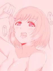 Rule 34 | 1girl, artist request, bad id, bad twitter id, blush, breasts, cleavage, commentary request, condom, hair ornament, hairclip, hanekawa tsubasa, large breasts, monochrome, monogatari (series), open mouth, short hair, solo, spot color, tongue, tongue out, used condom