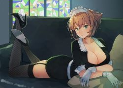 Rule 34 | 1girl, alternate costume, black dress, black footwear, black thighhighs, blush, breasts, brown hair, cleavage, collarbone, dress, enmaided, gloves, green eyes, high heels, kantai collection, kasumi (skchkko), large breasts, lying, maid, maid headdress, mutsu (kancolle), on stomach, short hair, short sleeves, smile, solo, stained glass, the pose, thighhighs, white gloves