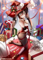 Rule 34 | 1girl, ass, bare shoulders, blush, bound, bound wrists, breasts, brown hair, christmas, elbow gloves, from behind, genshin impact, gloves, gold trim, green eyes, hair ornament, hat, high heels, highres, kneeling, leotard, long hair, looking at viewer, mona (genshin impact), pantyhose, red hat, red ribbon, ribbon, santa costume, shiny clothes, shiny skin, solo, twintails, very long hair, zasshu