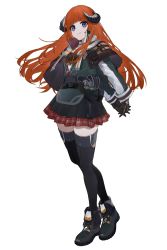 Rule 34 | 1girl, arknights, arms behind back, bad id, bad twitter id, bagpipe (arknights), black gloves, budo (budoboros), explosive, gloves, grenade, highres, horns, long hair, orange hair, own hands together, plaid, plaid skirt, purple eyes, skirt, smile, solo, thighhighs, white background