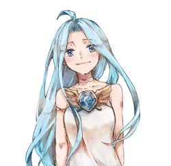 Rule 34 | 1girl, ahoge, blue eyes, blue hair, blush, closed mouth, commentary request, dress, granblue fantasy, light blush, long hair, looking at viewer, lyria (granblue fantasy), michibata 65, simple background, smile, solo, very long hair, white background, white dress