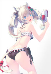 Rule 34 | 1girl, absurdres, animal ears, ass, azur lane, bare back, bell, bikini, blue eyes, bow, butt crack, cat ears, cat girl, cat tail, commentary request, eyes visible through hair, frilled bikini, frills, from behind, hair between eyes, hair bow, hair ornament, hair ribbon, hammann (azur lane), hammann (rebellious summer) (azur lane), highres, holding, holding water gun, long hair, looking at viewer, looking back, nakazawa aki, official alternate costume, ribbon, sidelocks, solo, swimsuit, tail, tail bell, tail bow, tail ornament, tail ribbon, twintails, water gun, white background, white hair