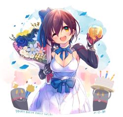 Rule 34 | 1girl, birthday cake, black gloves, blue bow, blue neckwear, bouquet, bow, breasts, brown hair, cake, candle, character name, cleavage, commentary, confetti, cowboy shot, cup, dress, flower, food, gloves, hair between eyes, happy birthday, holding, holding bouquet, holding cup, hololive, looking at viewer, mechanical arms, medium breasts, nosir onadat, one eye closed, open mouth, party popper, roboco-san, short hair, signature, single mechanical arm, smile, virtual youtuber, white dress, yellow eyes