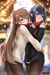 Rule 34 | 2girls, black hairband, black sweater, blue hair, blurry, blurry background, blush, breasts, brown eyes, brown hair, brown legwear, closed mouth, commentary, earrings, hair between eyes, hair intakes, hair ornament, hairband, hand on another&#039;s shoulder, hololive, hololive english, jewelry, large breasts, long hair, long sleeves, mujinbensin, multicolored hair, multiple girls, nail polish, nanashi mumei, ouro kronii, pantyhose, parted lips, pink nails, ponytail, purple nails, red scarf, scarf, shared clothes, shared scarf, short hair, smile, snowflake hair ornament, streaked hair, sweater, very long hair, virtual youtuber, white sweater, yuri