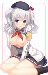 Rule 34 | 10s, 1girl, breasts, breasts out, female focus, hat, kantai collection, kashima (kancolle), large breasts, military, military uniform, miniskirt, nipples, silver hair, skirt, solo, star (symbol), tomoo (tomo), twintails, uniform