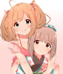 Rule 34 | 2girls, ahoge, bare shoulders, blue kimono, blue ribbon, blunt bangs, blush, bow, breasts, brown eyes, brown hair, cherry blossom print, dot nose, dress, floral print, gradient background, green eyes, hair bow, hair ornament, hair ribbon, heart, heart hair ornament, highres, hug, hug from behind, idolmaster, idolmaster cinderella girls, idolmaster cinderella girls starlight stage, japanese clothes, kimono, large breasts, long hair, looking at viewer, multiple girls, norada, parted lips, pink background, pink dress, print kimono, ribbon, sato shin, simple background, small breasts, smile, strap slip, tongue, tongue out, twintails, upper body, yorita yoshino