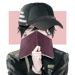 Rule 34 | 1boy, ahoge, asitaganbarouyo, black hair, black hat, blush, book, brown eyes, commentary request, covering own mouth, danganronpa (series), danganronpa v3: killing harmony, hat, holding, jacket, long sleeves, looking down, male focus, open book, saihara shuichi, school uniform, short hair, solo, striped clothes, striped jacket, upper body, white background