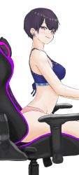 Rule 34 | 1girl, alternate hairstyle, bare arms, bare legs, bare shoulders, black hair, blue bow, blue bra, bow, bra, breasts, bustier, chair, earrings, flower, flower earrings, gabripage ia, gaming chair, highres, hina misora, jewelry, looking at viewer, looking to the side, medium breasts, midriff, panties, pink panties, red eyes, short hair, simple background, sitting, smile, solo, stomach, swivel chair, underwear, very short hair, virtual youtuber, wactor production, white background, white flower