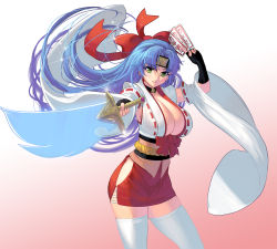 Rule 34 | 1girl, blue hair, breasts, choker, cleavage, cowboy shot, detached sleeves, green eyes, highres, huge breasts, japanese clothes, kouno (masao), long hair, miko, nontraditional miko, ofuda, original, ribbon, skirt, solo, sword, talisman, thighhighs, thighs, weapon