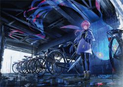 Rule 34 | 1girl, bicycle, blue eyes, blush, capelet, closed umbrella, full body, holding, holding umbrella, hood, hood down, hooded capelet, kaf (kamitsubaki studio), kamitsubaki studio, long hair, long sleeves, looking at viewer, multicolored eyes, open mouth, outdoors, party, pink hair, puddle, red eyes, solo, swav, umbrella, under bridge, virtual youtuber, wide shot, yellow eyes