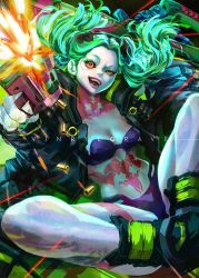 Rule 34 | 1girl, artificial eye, ass, black jacket, bra, breasts, colored sclera, colored skin, cropped jacket, cyberpunk (series), cyberpunk edgerunners, cyborg, fangs, firing, floating hair, green hair, gun, holding, holding gun, holding weapon, huge ass, jacket, leg tattoo, long hair, looking at viewer, mechanical eye, muzzle flash, neck tattoo, open mouth, rebecca (cyberpunk), red sclera, ringed eyes, shell casing, small breasts, smile, solo, stomach tattoo, submachine gun, tattoo, twintails, underwear, vinrylgrave, weapon, white skin, wide hips