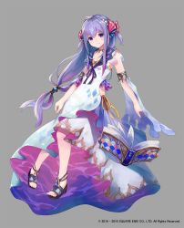 Rule 34 | 1girl, book, copyright notice, dress, flat chest, floating, full body, grimms notes, hair ribbon, heart, heart-shaped pupils, jewelry, little mermaid (grimms notes), long hair, makihitsuji, necklace, official art, purple eyes, purple hair, ribbon, sandals, solo, symbol-shaped pupils, weapon