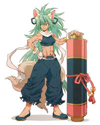 Rule 34 | 1girl, animal ears, bare shoulders, blue eyes, cat ears, character request, copyright request, fingerless gloves, gloves, green hair, hair between eyes, hand on own hip, long hair, multiple tails, muscular, muscular female, navel, ponytail, red ribbon, ribbon, scarf, scroll, simple background, smile, solo, tail, torn clothes, two tails, white background, white gloves, white scarf, yuza