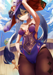 Rule 34 | 1girl, absurdres, areoru, arm up, artist name, bare shoulders, black hair, blue eyes, blue sky, breasts, cameltoe, closed mouth, cloud, cloudy sky, female focus, genshin impact, gold trim, hair ornament, hat, highres, leotard, long hair, looking at viewer, mona (genshin impact), purple leotard, sky, standing, star (symbol), twintails, very long hair, witch hat