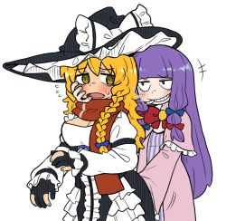 Rule 34 | 2girls, @ @, blonde hair, bow, breasts, bseibutsu, cigarette, cleavage, commentary request, cookie (touhou), flat chest, gloves, grabbing, grabbing from behind, grin, groping, hat, hat bow, kirisame marisa, large breasts, long hair, mars (cookie), molestation, multiple girls, partially fingerless gloves, patchouli knowledge, purple hair, red scarf, scarf, sidelocks, smile, sweatdrop, taisa (cookie), touhou, very long hair, witch hat, yellow eyes, yuri