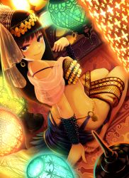 Rule 34 | 1girl, arabian clothes, barefoot, black hair, blunt bangs, bracelet, breasts, carpet, dancer, dutch angle, feet, from behind, highres, jewelry, long hair, looking at viewer, looking back, midriff, original, purple eyes, seiza, sitting, smile, solo, strap slip, tomamatto, veil