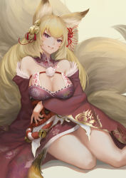 Rule 34 | 1girl, animal ears, bare shoulders, blonde hair, breasts, cleavage, fox ears, fox tail, grin, hcho, highres, japanese clothes, kayou (sennen sensou aigis), kimono, kitsune, kyuubi, large breasts, long hair, looking at viewer, multiple tails, nail polish, off shoulder, purple eyes, sennen sensou aigis, sitting, smile, solo, tail, very long hair