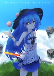 Rule 34 | 1girl, above clouds, adapted costume, bad id, bad pixiv id, bare arms, bare shoulders, blue hair, blue sky, bracelet, cloud, day, english text, floating rock, floating rocks, food, fruit, grass, hat, hinanawi tenshi, jewelry, light smile, long hair, looking at viewer, peach, red eyes, shirt, skirt, sky, sleeveless, sleeveless shirt, smile, solo, sword of hisou, teru (kazanawa), touhou, very long hair