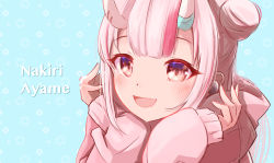 Rule 34 | 1girl, :d, blue background, blush, character name, commentary request, double bun, fang, hair bun, highres, hilamaru, hololive, hood, hood down, hoodie, horns, long sleeves, looking at viewer, multicolored hair, nakiri ayame, oni, open mouth, pink hoodie, puffy long sleeves, puffy sleeves, red eyes, red hair, skin-covered horns, sleeves past wrists, smile, solo, streaked hair, upper body, virtual youtuber, white hair
