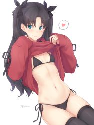 Rule 34 | 1girl, bikini, black bikini, black hair, black ribbon, black thighhighs, blue eyes, blush, breasts, closed mouth, clothes lift, commentary request, cowboy shot, dan (kumadan), fate/stay night, fate (series), groin, hair ribbon, heart, highres, lifted by self, long hair, long sleeves, looking at viewer, navel, parted bangs, red shirt, ribbon, shirt, shirt lift, side-tie bikini bottom, simple background, sleeves past wrists, small breasts, smile, solo, spoken heart, stomach, swimsuit, thighhighs, tohsaka rin, twitter username, two side up, white background