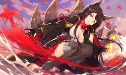 Rule 34 | 1girl, akagi (azur lane), animal ears, azur lane, black gloves, black hair, black kimono, blunt bangs, cloud, cloudy sky, day, explosion, fox ears, fox tail, gloves, hakama, hakama short skirt, hakama skirt, hand up, highres, japanese clothes, kibanda gohan, kimono, kitsune, knee up, kneeling, long hair, multiple tails, obi, ocean, on one knee, open clothes, open kimono, outdoors, outstretched arm, parted lips, partially fingerless gloves, pleated skirt, red eyes, red skirt, ripples, sash, sidelocks, skirt, sky, solo, tail, tareme, thighhighs, thighs, very long hair, wide sleeves