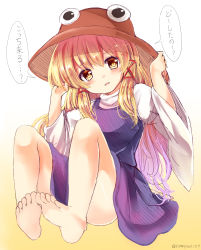 Rule 34 | 1girl, artist name, ass, bare legs, barefoot, blonde hair, blush, brown hat, commentary request, feet, gradient background, gradient hair, hair ribbon, hand on headwear, hands up, hat, head tilt, highres, long hair, long sleeves, looking at viewer, moriya suwako, multicolored hair, parted lips, purple hair, purple skirt, purple vest, ramudia (lamyun), red ribbon, ribbon, sidelocks, sitting, skirt, solo, thighs, touhou, translation request, twitter username, vest, white background, wide sleeves, yellow background, yellow eyes