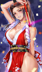 Rule 34 | 1girl, arm guards, breasts, brown eyes, brown hair, cleavage, eyelashes, fatal fury, folded fan, folding fan, hand fan, highres, holding, holding fan, large breasts, long hair, pelvic curtain, rope, shiranui mai, smile, solo, teeth, thighs, white trim, yukinoshinf