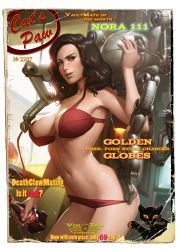 Rule 34 | 1girl, assisted exposure, black hair, bottle, bra, bra pull, breasts, brown eyes, brown hair, clothes pull, codsworth, collaboration, cover, cowboy shot, eyeshadow, fake cover, fallout (series), fallout 4, female focus, fingernails, highres, holding, holding bottle, imminent penetration, indoors, lips, long hair, looking at viewer, makeup, mature female, medium breasts, mr handy, navel, nipple slip, nipples, nora (fallout 4), nuka cola, one breast out, open bra, panties, panty pull, parted lips, price, realistic, red bra, red panties, robot, shiny skin, signature, smile, soda bottle, sole survivor (female), solo, sunlight, tarakanovich, thrusters, underwear, underwear only, undressing, vintem, watermark, web address, window