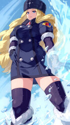Rule 34 | 1girl, black gloves, black hat, black thighhighs, blonde hair, blue eyes, boots, breasts, capcom, closed mouth, duplicate, expressionless, female focus, fur hat, fur trim, gloves, hat, highres, ice, kolin, long hair, looking at viewer, medium breasts, pixel-perfect duplicate, russian clothes, solo, street fighter, street fighter v, thighhighs, thighs, ushanka, very long hair, yagi2013