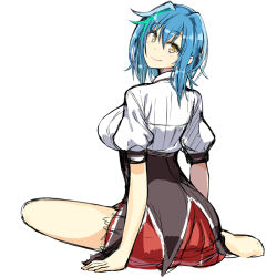 Rule 34 | 10s, 1girl, ass, blue hair, breasts, green hair, high school dxd, large breasts, looking back, multicolored hair, q (a72pgc), school uniform, short hair, simple background, sitting, smile, solo, streaked hair, two-tone hair, uniform, xenovia quarta, yellow eyes