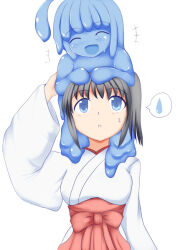 Rule 34 | 2girls, blue eyes, closed eyes, grey hair, japanese clothes, miko, monster girl, mother and daughter, multiple girls, open mouth, original, ponytail, rethnick, short hair, slime girl, smile, sura shrine maiden