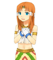 Rule 34 | 1girl, bare shoulders, blue eyes, bracelet, cosplay, costume, crop top, gloves, hair tubes, halterneck, hands on own chest, headband, jewelry, long hair, looking at viewer, midriff, navel, open mouth, orange hair, personification, simple background, skirt, sleeveless, solo, sonic (series), sonic adventure, tikal the echidna, tsuduya (knt31), white background, white gloves