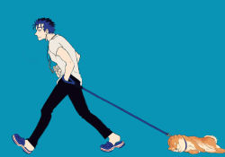 Rule 34 | 1boy, 1other, blue hair, bobtomgom, closed mouth, collar, crescent, crescent necklace, crocs, cu chulainn (fate), cu chulainn (fate/stay night), dog, dragging, earrings, fate/grand order, fate (series), from side, frown, full body, hand in pocket, highres, jewelry, leaning forward, leash, male focus, necklace, pet walking, sandals, shiba inu, shirt, short hair, simple background, spiked hair, t-shirt, type-moon, walking
