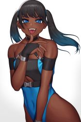 Rule 34 | 1boy, black hair, blue eyes, blue hair, blush, cinko, commission, covered navel, dark-skinned male, dark skin, fangs, highres, long hair, looking at viewer, open mouth, original, smile, solo, teeth, tongue, tongue out, trap, twintails, upper teeth only, very dark skin