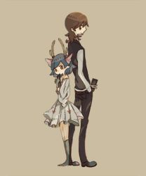 Rule 34 | 10s, 1boy, 1girl, antlers, back-to-back, bad id, bad pixiv id, blue hair, brown hair, c (control), couple, dress, gloves, green socks, head wings, height difference, hm0say, horns, ie (niwaniwa), kneehighs, midas money, mikuni souichirou, money, pointy ears, q (control), short hair, simple background, size difference, socks, standing, wings