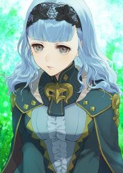 Rule 34 | 1girl, black hairband, blue cape, blue hair, blunt bangs, breasts, cape, center frills, commentary request, dress, fire emblem, fire emblem: three houses, fire emblem warriors: three hopes, frills, gold trim, grey eyes, hairband, isa (peien516), lace-trimmed hairband, lace trim, long hair, long sleeves, looking at viewer, marianne von edmund, medium breasts, nintendo, official alternate costume, official alternate hairstyle, solo