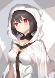 Rule 34 | 1girl, :&lt;, arms at sides, bare arms, black hair, blush, breasts, cleavage, cleavage cutout, cloak, closed mouth, clothing cutout, collarbone, commentary request, detached collar, fate/grand order, fate (series), hair between eyes, head tilt, highres, hood, hooded cloak, leotard, looking at viewer, medium breasts, ortlinde (fate), red eyes, reuri (tjux4555), shade, shadow, short hair, solo, upper body, valkyrie (fate), white cloak, white leotard