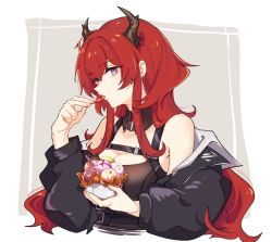Rule 34 | 1girl, arknights, bare shoulders, black dress, black jacket, breasts, chinese commentary, cleavage, commentary request, cropped torso, detached collar, dress, food, hand up, highres, holding, holding food, horns, ice cream, jacket, long hair, looking at viewer, mabing, off shoulder, open clothes, open jacket, purple eyes, red hair, sleeveless, sleeveless dress, solo, surtr (arknights), upper body