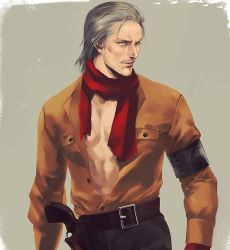 Rule 34 | 1boy, armband, beard, belt, blue eyes, brown shirt, facial hair, gloves, grey hair, gun, handgun, holster, long sleeves, male focus, metal gear (series), metal gear solid v: the phantom pain, mugikoma, open clothes, open shirt, parted lips, partially unbuttoned, realistic, red gloves, red scarf, revolver, revolver ocelot, scarf, shirt, simple background, smile, solo, weapon