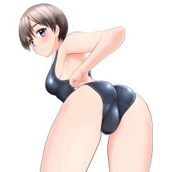 Rule 34 | 1girl, absurdres, ass, black hair, black one-piece swimsuit, competition swimsuit, crotch seam, from behind, grey eyes, highres, leaning forward, looking at viewer, looking back, one-piece swimsuit, original, parted lips, short hair, solo, standing, swimsuit, takafumi