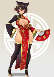 Rule 34 | 1girl, animal ears, black hair, black thighhighs, breasts, cat ears, cat girl, china dress, chinese clothes, detached sleeves, dress, folding fan, full body, gold footwear, grin, hair ornament, hand fan, hand on own hip, high heels, highres, holding, holding fan, kali belladonna, lainart, large breasts, looking at viewer, mature female, parted lips, rwby, short hair, side slit, single bare shoulder, single detached sleeve, smile, solo, tassel, tassel hair ornament, thighhighs, thighs, wide hips, yellow eyes