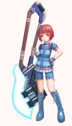 Rule 34 | 1girl, animal ears, axe, bike shorts, blunt bangs, bob cut, boots, brown hair, child, denjuu, energy blade, energy weapon, fingerless gloves, flat chest, gloves, hand on own hip, huge weapon, knee boots, light smile, looking at viewer, pantyhose, petite, phantasy star, phantasy star universe, pleated skirt, puffy sleeves, red eyes, sega, short hair, short sleeves, simple background, skirt, solo, standing, weapon, white background
