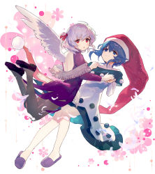 Rule 34 | 2girls, :o, ahoge, ainy, ass, back cutout, backless outfit, bad id, bad pixiv id, black dress, black footwear, blue eyes, blue hair, blush, breasts, clothing cutout, collarbone, doremy sweet, dress, feathered wings, feathers, full body, grey legwear, hair between eyes, hat, highres, holding hands, jumping, kishin sagume, light particles, long sleeves, looking at viewer, looking back, medium breasts, multicolored clothes, multicolored dress, multiple girls, off shoulder, pantyhose, parted lips, purple dress, purple footwear, red eyes, red hat, santa hat, shoes, short hair, silver hair, simple background, single wing, slippers, smile, thighs, touhou, turtleneck, turtleneck dress, white background, white dress, white wings, wings