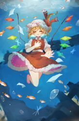 Rule 34 | 1girl, absurdres, ascot, blonde hair, crystal, dress, fish, flandre scarlet, floating, full body, hand on own chest, hat, highres, medium hair, mob cap, open mouth, red dress, red eyes, red ribbon, ribbon, rokka (rokka937), solo, touhou, underwater, yellow ascot