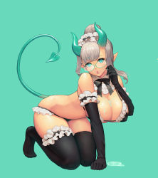 Rule 34 | 1girl, absurdres, all fours, aqua background, aqua eyes, arm garter, bare shoulders, bikini, black bikini, black gloves, black thighhighs, bow, bowtie, breasts, cleavage, cream on body, demon horns, demon tail, detached collar, elbow gloves, frilled bikini, frills, glasses, gloves, hair bun, hand up, headdress, highres, horns, large breasts, looking at viewer, no shoes, original, parted lips, pointy ears, silver hair, simple background, single hair bun, solo, string bikini, swimsuit, tail, tail raised, thighhighs, y.i. (lave2217)