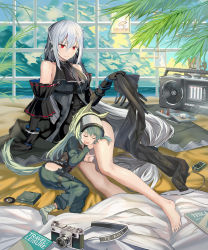 Rule 34 | 2girls, animal ears, arknights, arm support, barefoot, bed sheet, belt, black belt, black gloves, black pants, black shirt, black sleeves, camera, cd case, cd player, cellphone, chaps, charger, closed eyes, detached sleeves, gloves, grani (arknights), green hair, grey legwear, hair between eyes, headgear, headphones, height difference, highres, hip vent, holding, holding clothes, horse girl, horse tail, lap pillow, long hair, long sleeves, looking at another, low-tied long hair, lying, magazine (object), multiple girls, on side, open mouth, pants, unworn pants, phone, qihai lunpo, reclining, red eyes, shirt, silver hair, skadi (arknights), skadi (elite ii) (arknights), sleeping, sleeveless, sleeveless shirt, smile, socks, stereo, tail, very long hair, window