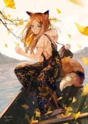 Rule 34 | 1girl, animal ears, autumn, autumn leaves, black overalls, blue eyes, boat, branch, commentary, floral print, fox ears, fox girl, fox tail, full body, hair ornament, highres, hood, hoodie, leaf, long hair, orange hair, original, overalls, ozadomi, short sleeves, signature, sitting, smile, solo, star (symbol), star print, tail, water, watercraft, white hoodie