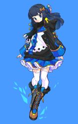 Rule 34 | 1girl, black hair, black jacket, black scarf, blue background, blue eyes, blue ribbon, blue skirt, boots, bow, closed mouth, commentary request, cosplay, creatures (company), dawn (pokemon), empoleon, empoleon (cosplay), frills, full body, game freak, gen 4 pokemon, hair bow, hair ribbon, highres, hood, hood down, hooded jacket, jacket, kamota (momokomati), long hair, long sleeves, looking at viewer, nintendo, pokemon, pokemon dppt, ribbon, scarf, simple background, skirt, smile, solo, thighhighs, white thighhighs