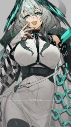 Rule 34 | 1girl, absurdres, aqua eyes, aqua wings, arknights, belt, between breasts, black belt, black pantyhose, black wings, breasts, character name, coat, cowboy shot, dress, ershisideliucifang, feathered wings, fingerless gloves, gloves, grey background, grey hair, hair between eyes, hand on own face, head wings, highres, ho&#039;olheyak (arknights), hood, hooded coat, infection monitor (arknights), large breasts, long sleeves, looking at viewer, multicolored coat, off shoulder, open clothes, open coat, open mouth, pantyhose, pencil dress, short dress, short hair, sidelocks, sleeveless, sleeveless dress, snake girl, snake tail, solo, strap between breasts, tail, two-tone coat, two-tone wings, white dress, white gloves, wings